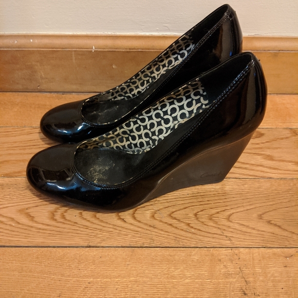 Black Patent Leather Coach Wedges 8.5 - Picture 1 of 4